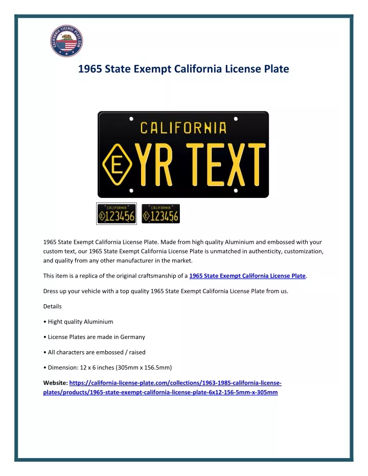 1965 state exempt california license plate