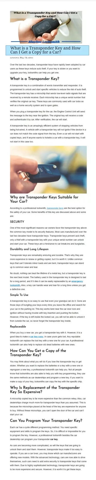 What is a Transponder Key and How Can I Get a Copy for a Car