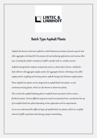 Batch Type Asphalt Plants | Lintec & Linnhoff