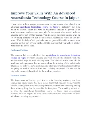 Improve Your Skills With An Advanced Anaesthesia Technology Course In Jaipur