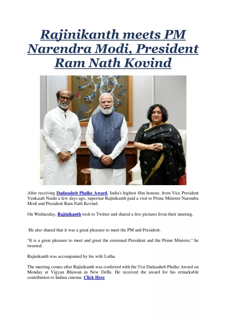 rajinikanth meets pm narendra modi president