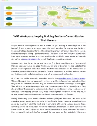 SaGE Workspace- Helping Budding Business Owners Realize Their Dreams