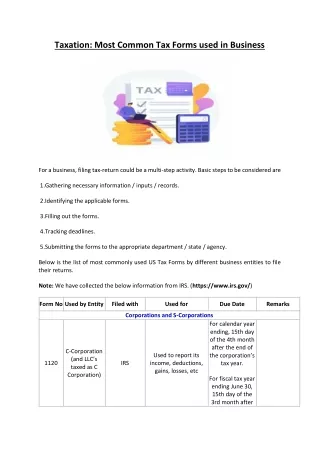 Taxation Most Common Tax Forms used in Business