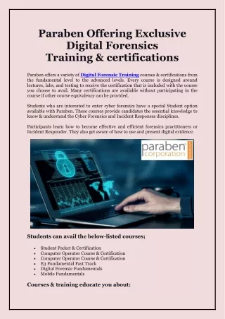 Paraben Offering Exclusive Digital Forensics Training & certifications