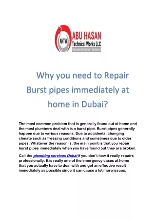 Why you need to Repair Burst pipes immediately at home in Dubai