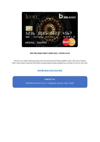 BEST RBL BANK CREDIT CARDS 2021 | FINTRA.CO.IN