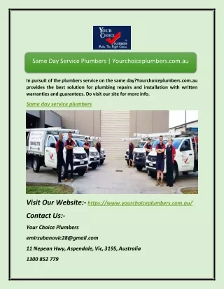 Same Day Service Plumbers | Yourchoiceplumbers.com.au