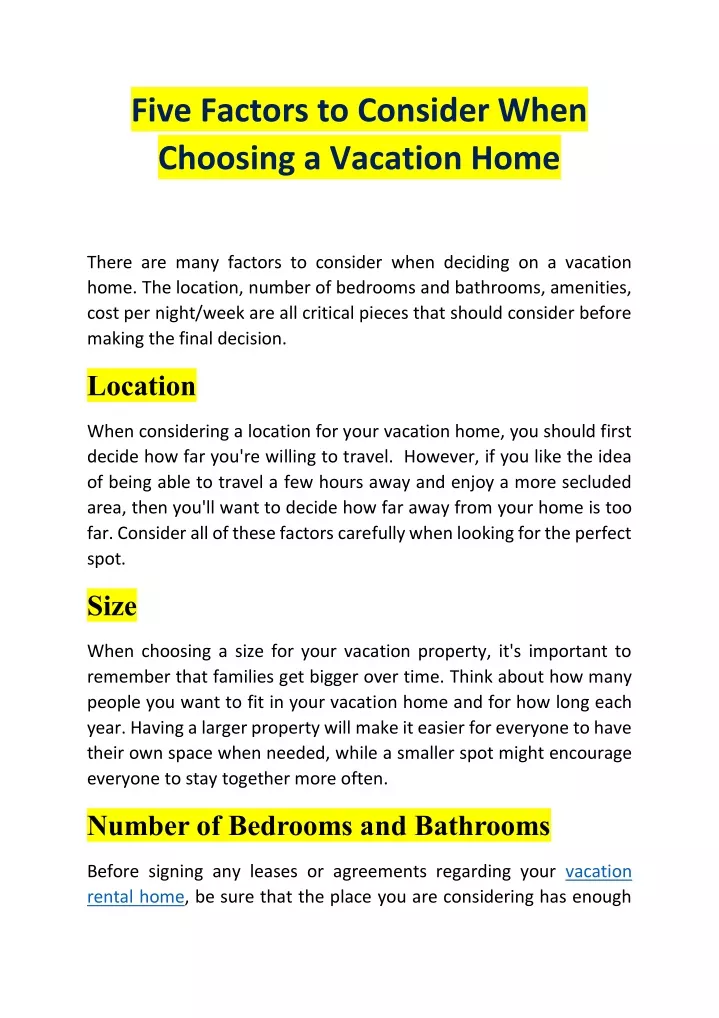 five factors to consider when choosing a vacation