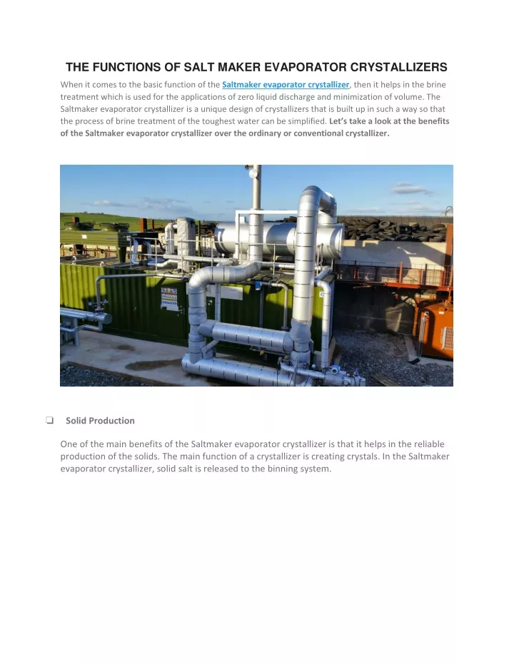 the functions of salt maker evaporator