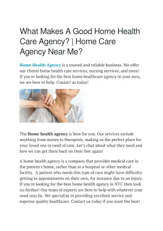 What Makes A Good Home Health Care Agency. Home Care Agency Near Me.