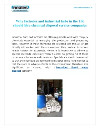 Why factories and industrial hubs in the UK should hire chemical disposal