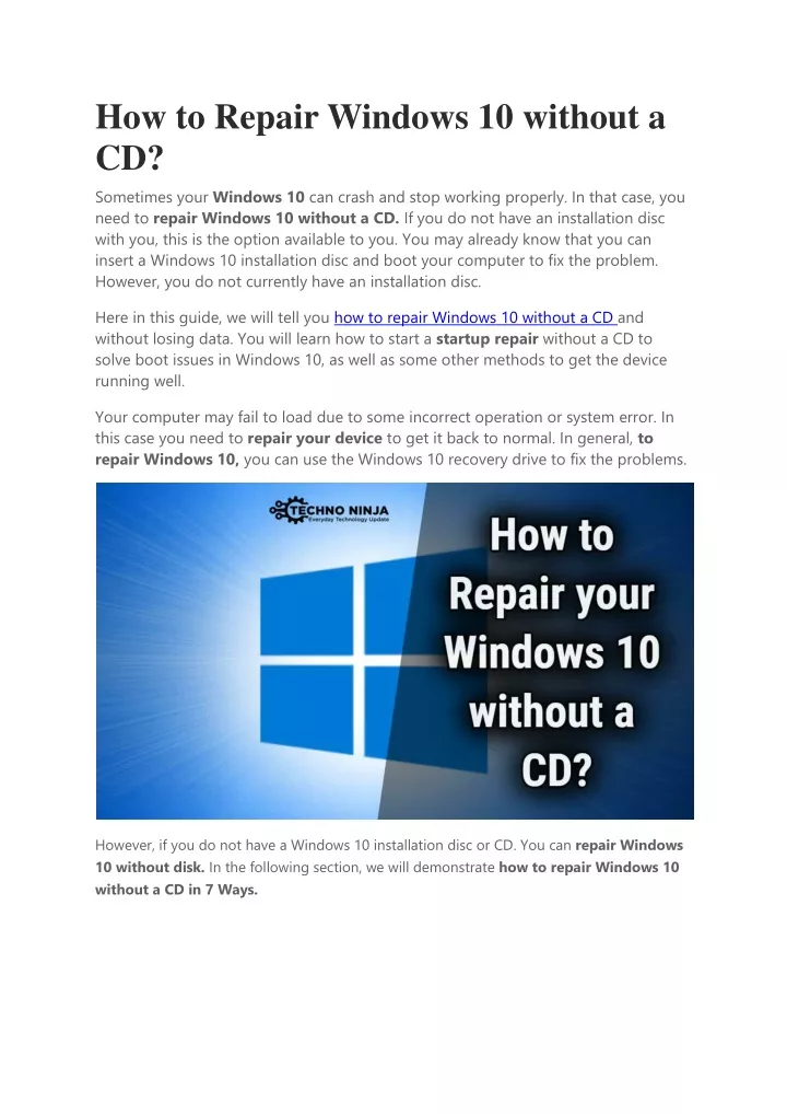 how to repair windows 10 without a cd sometimes