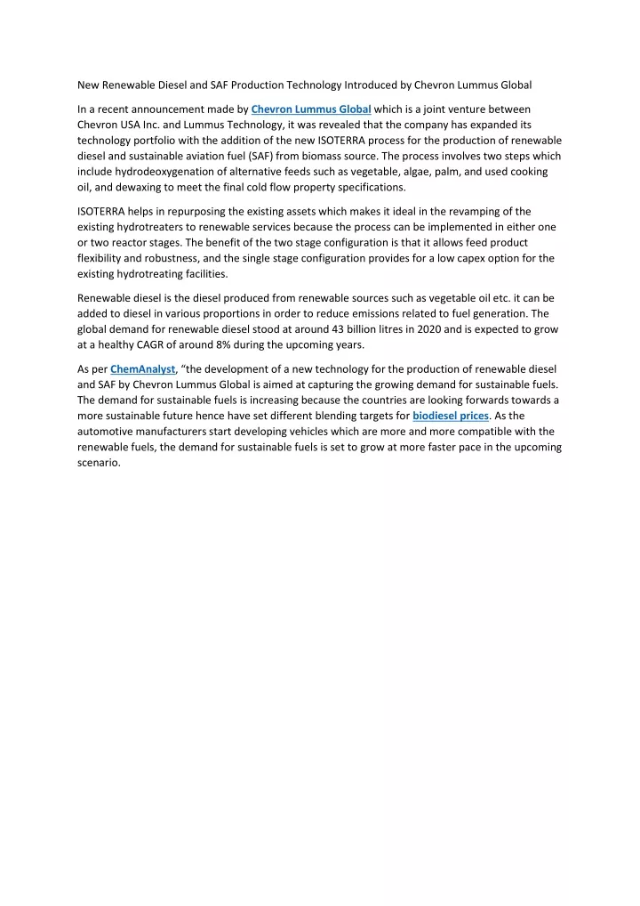 new renewable diesel and saf production