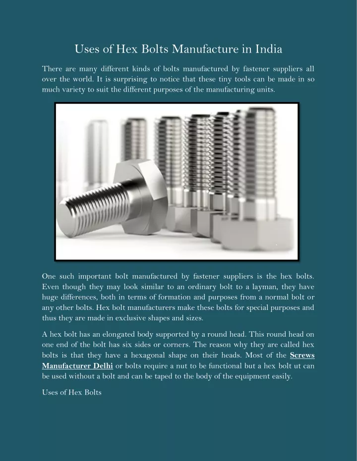 uses of hex bolts manufacture in india