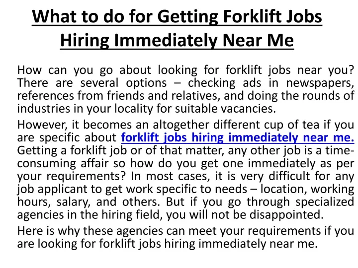 what to do for getting forklift jobs hiring immediately near me