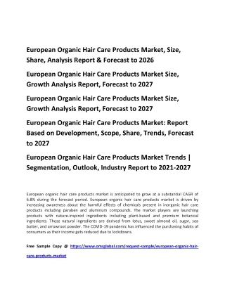 European Organic Hair Care Products Market, Size, Share, Analysis Report