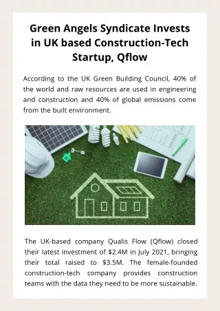 Green Angels Syndicate Invests in UK based Construction-Tech Startup, Qflow