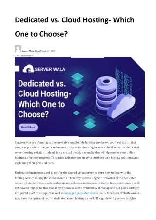 Dedicated vs. Cloud Hosting- Which One to Choose?
