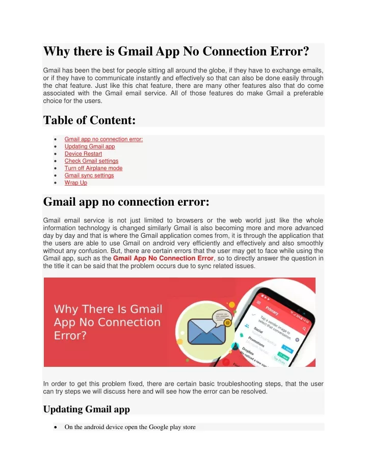 why there is gmail app no connection error