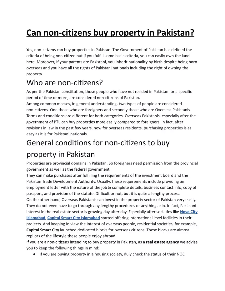 can non citizens buy property in pakistan
