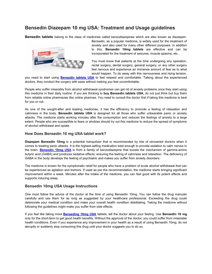 bensedin diazepam 10 mg usa treatment and usage