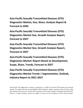 Asia-Pacific Sexually Transmitted Diseases (STD) Diagnostics Market, Size, Share