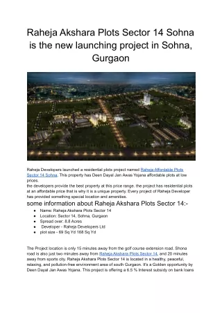 Raheja Akshara Plots Sector 14 is the new launching project in Sohna, Gurgaon