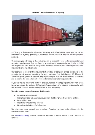 Container Tow and Transport in Sydney
