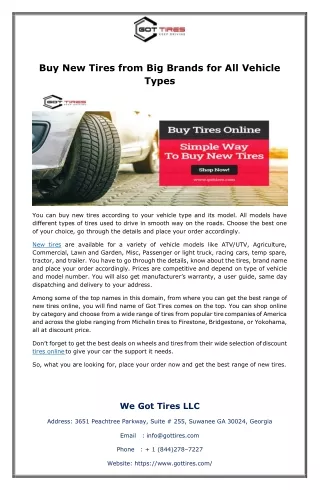 Buy New Tires from Big Brands for All Vehicle Types