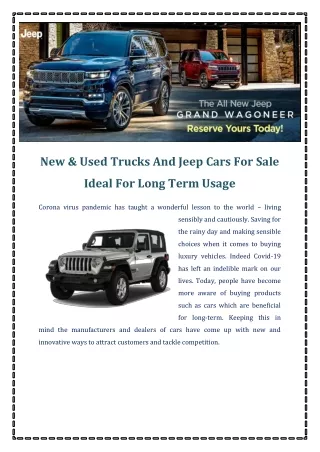 New & Used Trucks And Jeep Cars For Sale Ideal For Long Term Usage