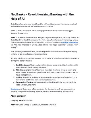 NeoBanks - Revolutionizing Banking with the Help of AI