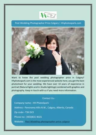 Post Wedding Photographer Price Calgary | Hhphotospark.com
