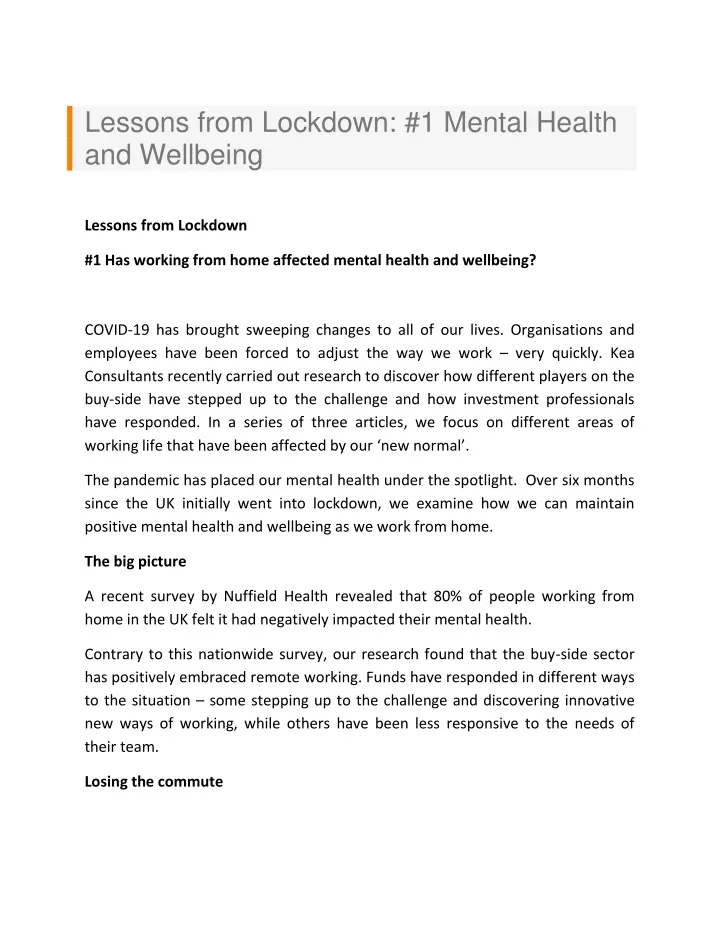 lessons from lockdown 1 mental health
