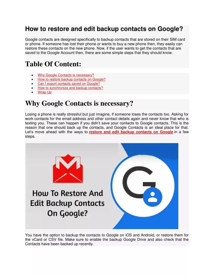 how to restore and edit backup contacts on google