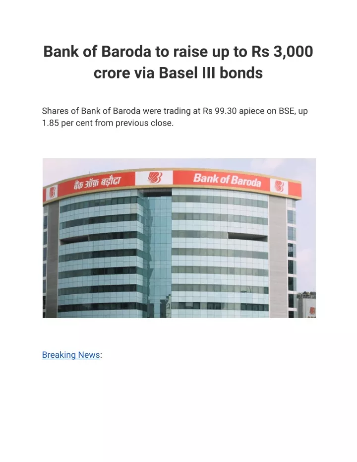 PPT - Bank Of Baroda To Raise Up To Rs 3,000 Crore Via Basel III Bonds ...