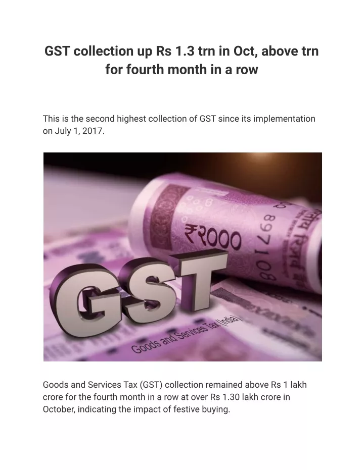 gst collection up rs 1 3 trn in oct above