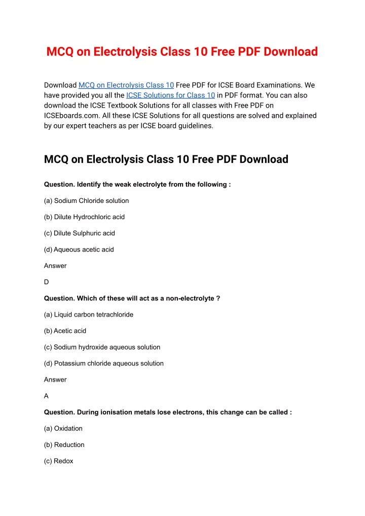 mcq on electrolysis class 10 free pdf download