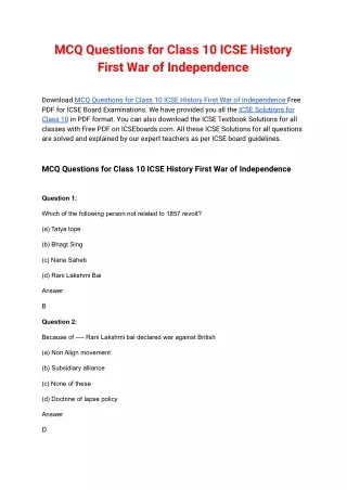 mcq questions for class 10 icse history first