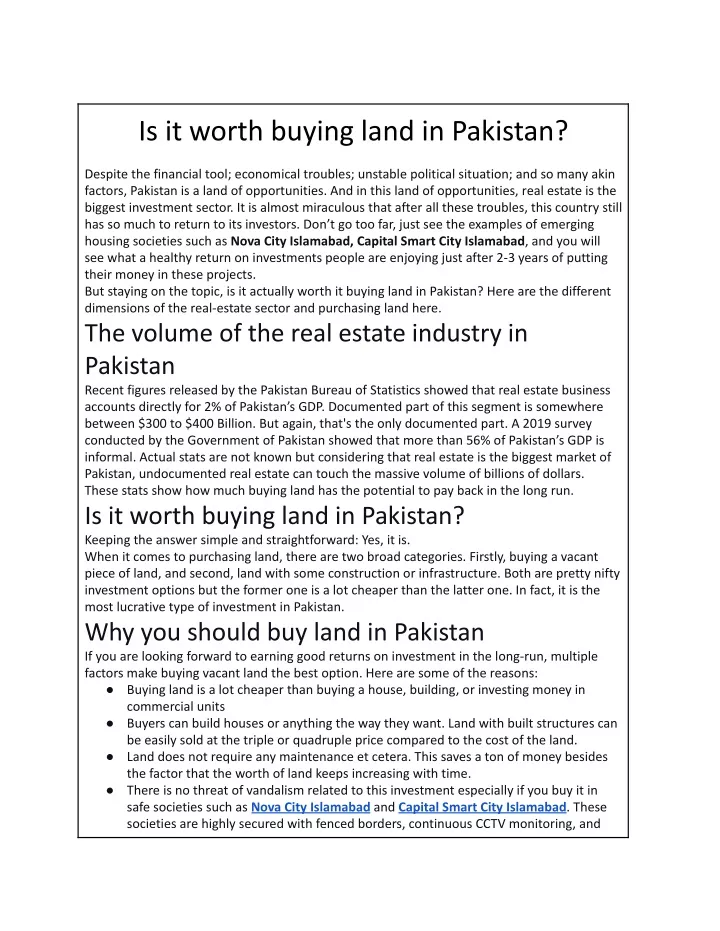 is it worth buying land in pakistan