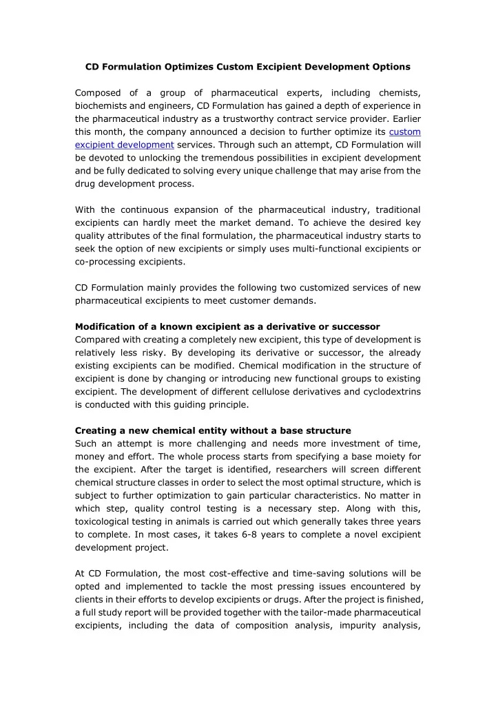 cd formulation optimizes custom excipient