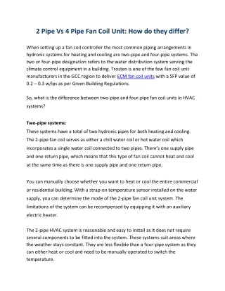 2 Pipe Vs 4 Pipe Fan Coil Unit How do they differ