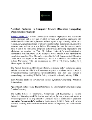 Assistant Professor in Computer Science (Quantum Computing Quantum Information)