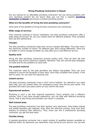 hiring plumbing contractors in hawaii
