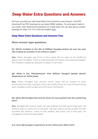 Deep Water Extra Questions and Answers Free PDF Download
