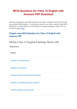 MCQ Questions for Class 12 English with Answers PDF Download