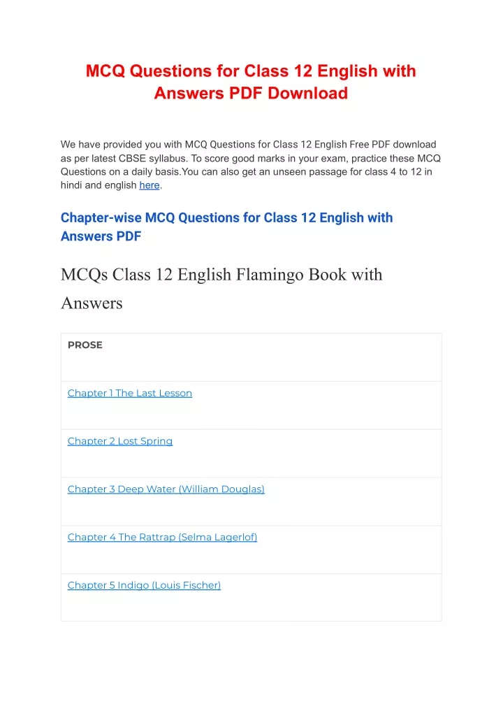 mcq questions for class 12 english with answers