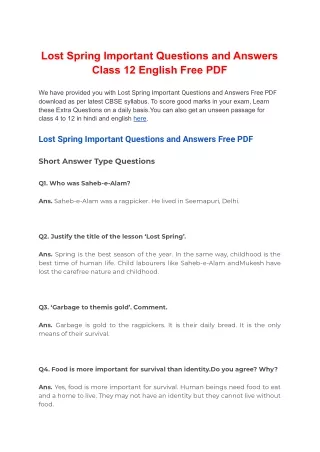 Lost Spring Important Questions and Answers Class 12 English Free PDF