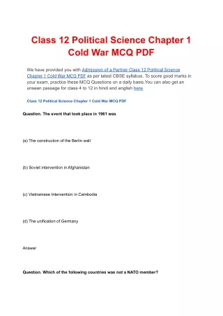 Class 12 Political Science Chapter 1 Cold War MCQ PDF