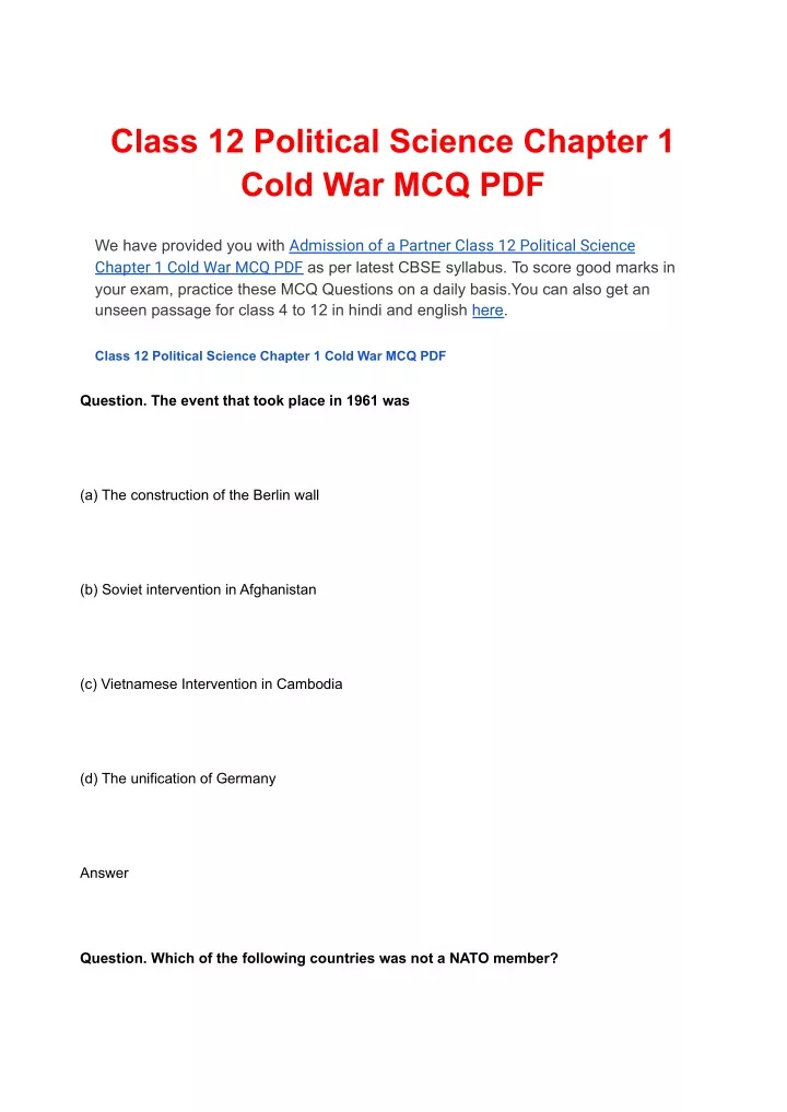 PPT - Class 12 Political Science Chapter 1 Cold War MCQ PDF PowerPoint ...