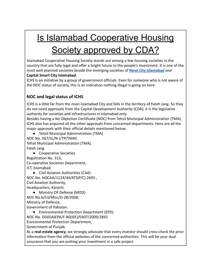 is islamabad cooperative housing society approved